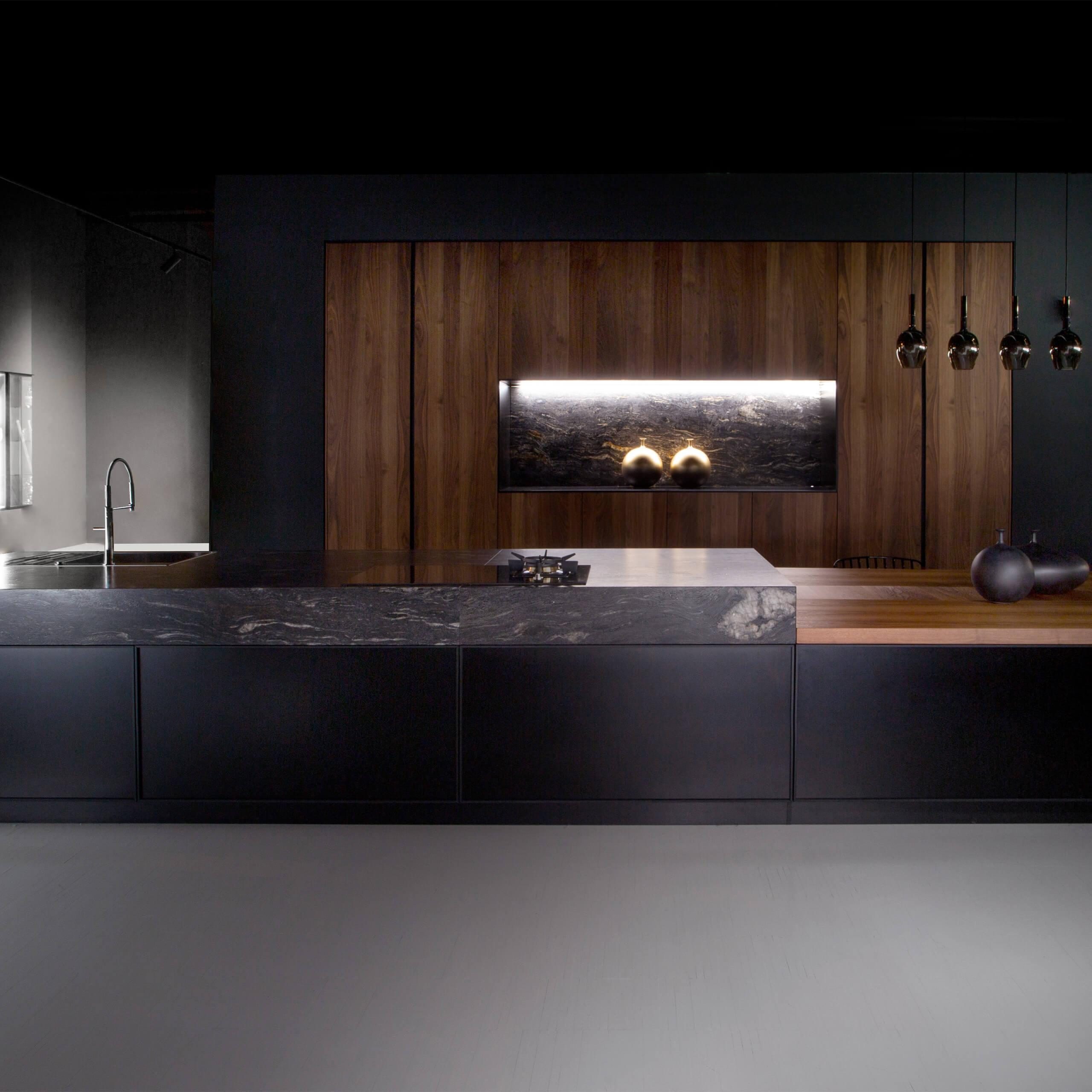 modern kitchen with black worktop
